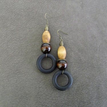 Long modern earrings, geometric natural wooden earrings, unique artisan earrings, mid century hoop 