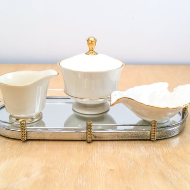 Vintage Lenox Serving Dish 3 Pc Set with Creamer, Lidded Bowl and Abstract Dove Bird Bowl – Ivory Porcelain Bone China with 24k Gold Trim 