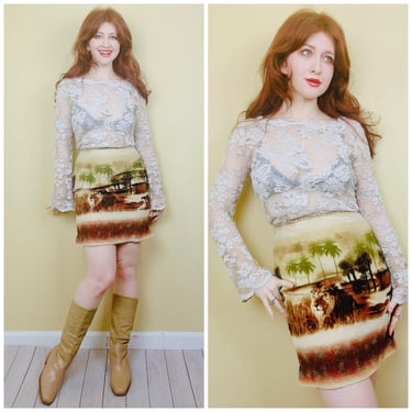 1990s Vintage Silk Club Lion Print Mini Skirt / 90s Safari Novelty High Waisted Skirt / Small - Medium 