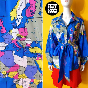 NWOT Insane Vintage 70s 80s Blue World Map Novelty Print Shirt 