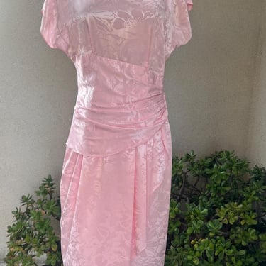 Vintage 80s pretty pink satin dress ruched waist pad shoulder Sz M by Young Edwardian 