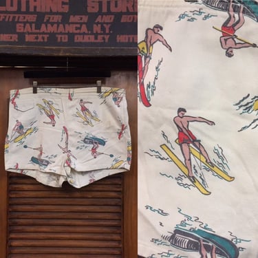 Vintage 1940’s Water Ski Print Swim Shorts w40, Vintage Swimwear, Vintage Swim Trunks, Summer Lake, Summer Shorts, Vintage Clothing 