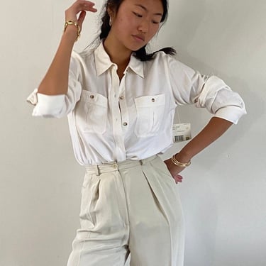 90s silk pocket blouse / vintage deadstock ivory white silk crepe pocket shirt blouse | M L 