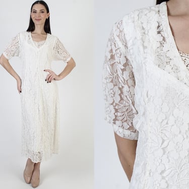 Starina 90s White Grunge Dress, Transparent Sheer Lace, Full Skirt Gypsy Gauze Maxi 