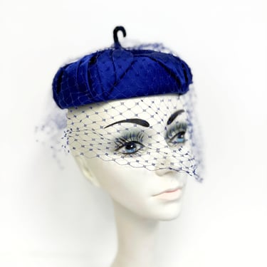 Vintage 50s Pill Box Hat | Royal Blue Womens Hat  with Fascinator 