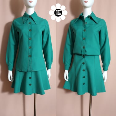 Smart Vintage 70s Dark Mint Green 2-Piece Skirt Set 