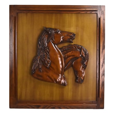Vintage Midcentury Large Carved Wood Wall Sculpture Two Horse Heads 