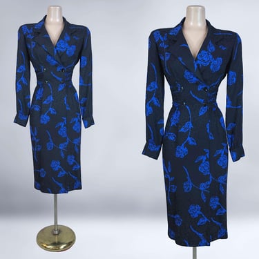 VINTAGE 80s Black and Blue Rose Print Silk Pencil Dress by Liz Claiborne Sz 6 | 1980s Wrap Bodice Power Office Dress | VFG 