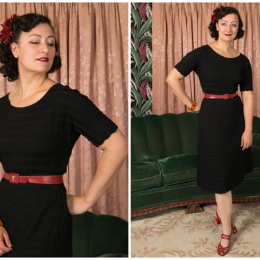 1950s Sweater Dress - Vintage 50s Kimberley Knitwear Banded Black Dress in a Silk/Wool Knit with Short Sleeves 