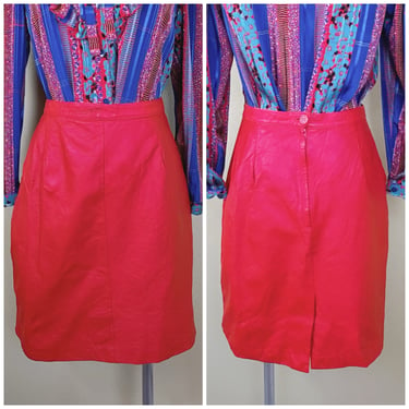 1980s Vintage Brass Plum Red Leather Skirt / 80s High Waisted Fitted Mini Skirt / 