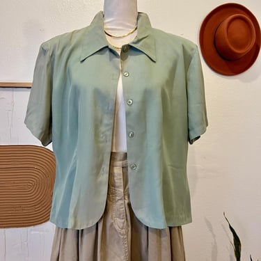 Vintage 90s Sage Green USA Made Short Sleeve Button Down Oversized Blouse 