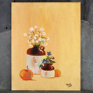 Original, Signed Oil Painting - Flowers in Crockery, 1985 | 16" x 12" Oil or Acrylic Painting - Unframed - Original Art • Night School Art 
