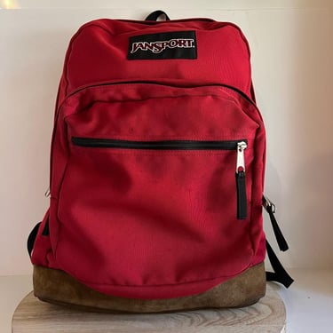 Jansport 90s Red Cotton Canvas Distressed Genuine Leather Large Unisex Backpack 