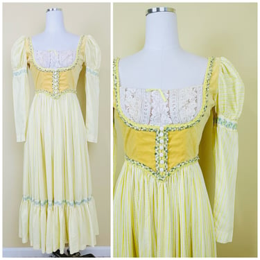 1970s Vintage Yellow Floral Juliet Sleeve Maxi Dress / 70s Velvet Corset Balcony Bust Princess Prairie Dress / Small 
