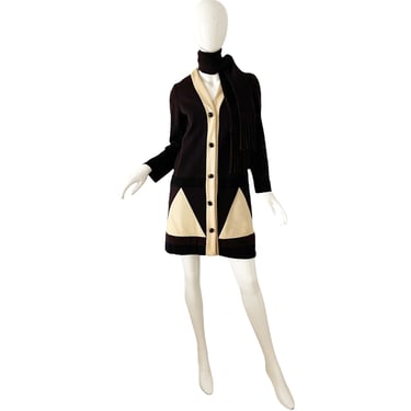 70s Eloise Curtis For Happenstance Dress / Vintage Mod Geometric Dress / 1960s Sweater Fringe Scarf Dress Medium 