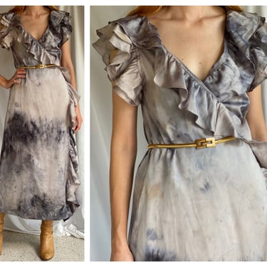 1970's Wrap Dress / Satin Ruffle Wrap Dress / Hand Dyed Cloudy Tie Dye / Wedding Guest Dress / Lounge Robe Nightgown Dress 