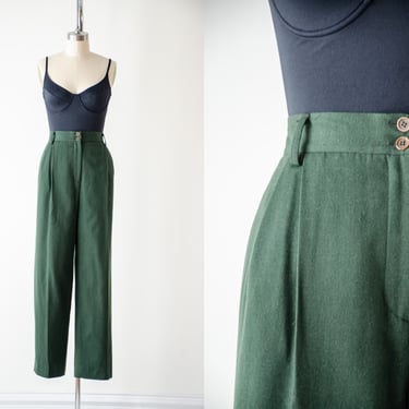 high waisted pants | 80s 90s vintage Harvé Benard forest green wool dark academia style pleated trousers 