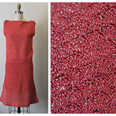 Vintage 60s Coral Red Gold Metallic Hand Knit crocheted sleeveless Top and Skirt Dress set  // Modern Size US 2 4 6 xs Small 