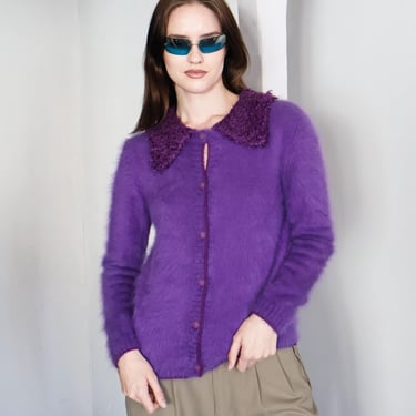 Archival GIANNI VERSACE Couture Early 1990s Purple Angora Peter Pan Collar Sweater with Greek Key Buttons sz XS-M 90s Knit 