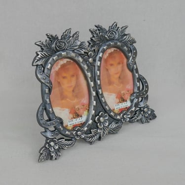 Vintage Double Oval Photo Frame - Probably Pewter - Flowers and Leaves - Holds Two 2" x 3" Pictures 