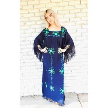 Angel Sleeve Dress // vintage sun Mexican hand embroidered floral boho hippie hippy maxi navy blue 70s 70's 1970s 1970's // O/S 