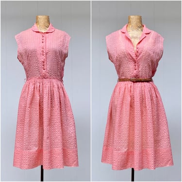 Vintage 1950s Sleeveless Pink Nylon Seersucker Shirtwaist Dress, Small to Medium 