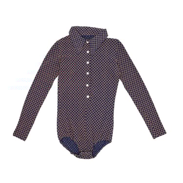Vintage 70s Navy Blue and Orange Geometric Long Sleeve Bodysuit - Size Small 