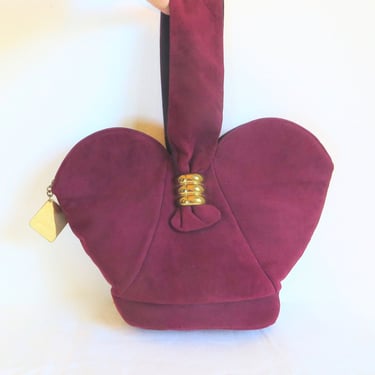 1940's Burgundy Suede Purse Heart Shape Gold Metal Clasp Top Handle WW2 EraHandbags 40's Fall Winter Purses Rockabilly Bags 