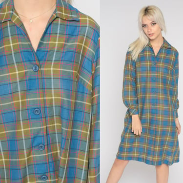 60s Plaid Dress Shift Blue Olive Green Button Up Midi Checkered Print Day Long Sleeve 1960s Dress Knee Length Vintage Lolita Preppy Large L 