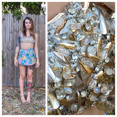 1960s Silver Bejeweled Crop Top / Couture Incredible Heavily Beaded Blouse / Sleeveless Party Top / Cocktail Sixties Party Wear /The Factory 