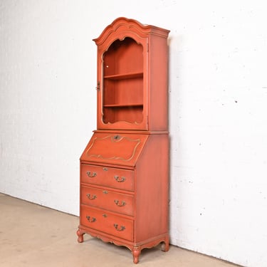 Baker Furniture Style French Provincial Louis XV Red Lacquered Drop Front Secretary Desk With Bookcase Hutch