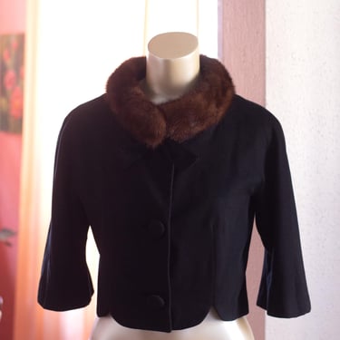 Vintage Lilli Ann Cropped Jacket - 1960s - Black Wool With Fur Collar - Fall, Winter - Lilli Ann San Fransisco 