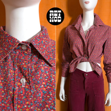 Comfy Chic Vintage 70s Red Calico Floral Cotton Collared Blouse 