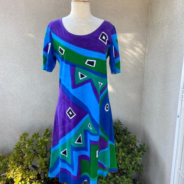 Vintage Boho sheath dress blue purple green geometric print hand painted fabric  sz medium 