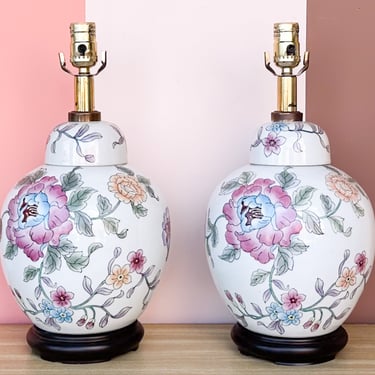 Pair of Pretty Peony Floral Lamps