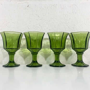 Vintage Green Glasses Square Base Goblet Set of Four Sherry Cordial Small Mini Glass 1960s 