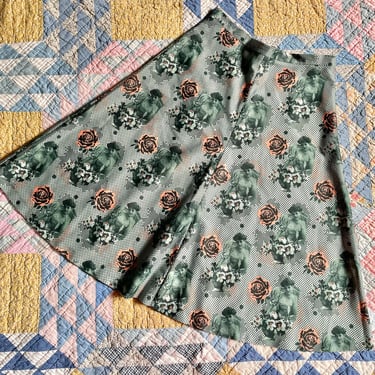 1970s Skirt Floral Photo Print Novelty Gibson Girl High Waist XS 