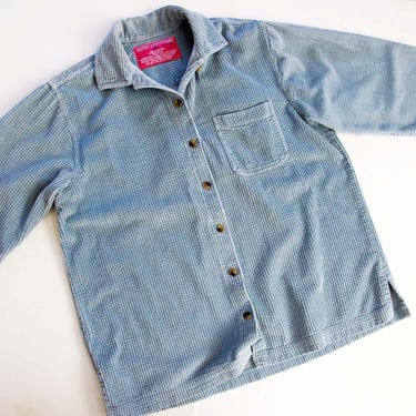 Vintage 90s Corduroy Button Up M - 1990s Powder Blue Pastel Chunky Wide Wale Collared Cord Shirt - Baggy 