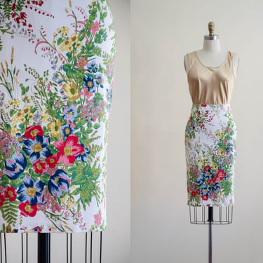 white floral pencil skirt | 90s y2k bright romantic floral knee length skirt 