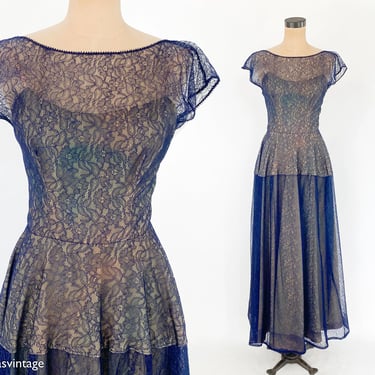 1950s Navy Lace Evening Gown | 50s Navy Lace Illusion Dress | Small 