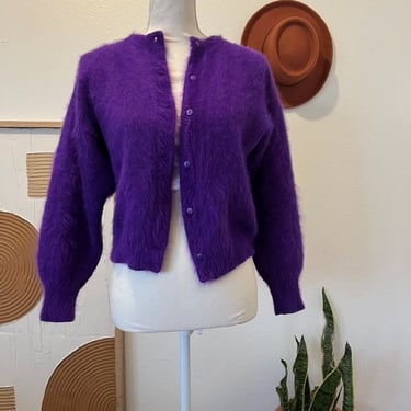 Vintage The White House 1973 Purple Italian Angora Wool Fuzzy Cardigan Sweater 