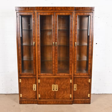 Drexel Heritage Hollywood Regency Campaign Burled Mahogany Lighted Bookcase or Display Cabinet