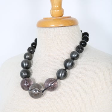 Large Round Graduated Gunmetal & Black Beaded Necklace, Costume Jewelry Streetwear Fun Funky Novelty 