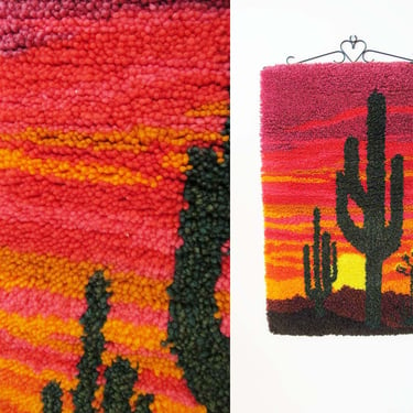 Vintage 70s Cactus Tapestry Art - 1970s Saguaro Cactus Sunset Desert Shaggy Rug Wall Art - Southwestern Bohemian Home Decor 