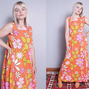 Vintage 1970's | Orange | Bright | Colorful | Large Floral | Hawaiian | Maxi | Cotton | Dress | M 