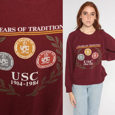 80s USC Sweatshirt University of Southern California Pullover Los Angeles Trojans College Sweater Maroon Raglan Sleeve Vintage 1980s Large L 