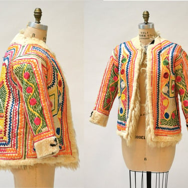 Vintage Embroidered Shearling Afghan Jacket Coat Medium Large penny lane //  70s Shearling Coat Embroidered Sheepskin Fur Boho Afghan Jacket 