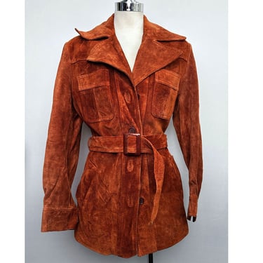 1970s Real Suede Leather Jacket Brown Hippie Boho Women's Belted Coat Vintage 1960's NEW OLD Stock Disco era 