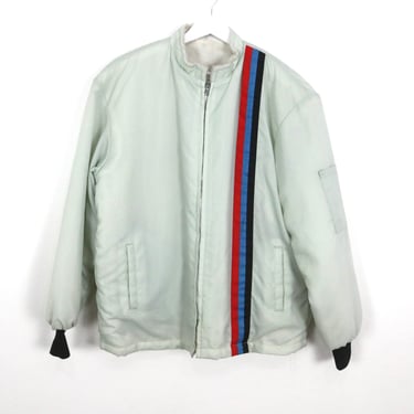 vintage RACING stripe 1970s nascar formula ONE grey w/ Karmann Ghia racing stripe fleece lined men's jacket -- size medium/large 