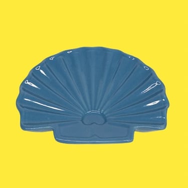 Vintage Soap Dish Retro 1990s Coastal or Beach + Clamshell Shape + Ceramic + Blue + Bathroom Storage + Seashell Decor + Hand Soap Display 